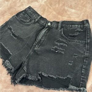 Distressed Black Denim Shorts